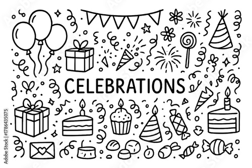 Celebration Icons Doodle. Celebrations. Hand-drawn doodle illustration Celebrations, balloons, cakes, gifts, confetti, streamers, party hats, noise makers,