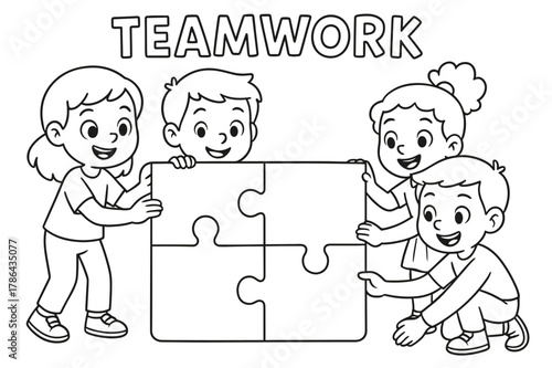 Teamwork Puzzle Activity. teamwork children?s coloring book illustration, outlined drawing, kids working together to build a puzzle, educational design for