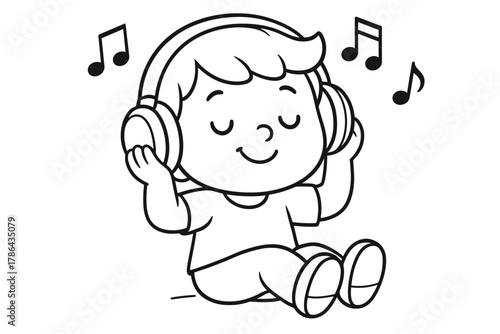 Cartoon Music Relaxation. Listening to music children?s coloring book illustration, outlined drawing, cartoon