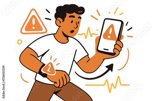 Emergency Notification Alert. Emergency alerts. Patient receiving notification on smartphone from wearable