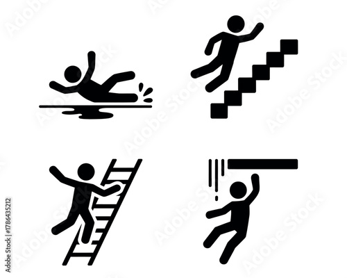 Icons depict various accident scenarios including slipping, falling down stairs, falling from a ladder, and falling from height.