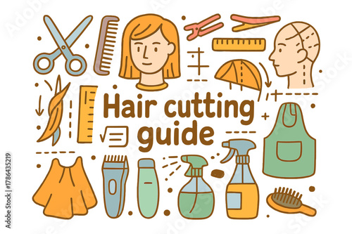 Hair Cutting Essentials. Hair cutting guide. Hand-drawn doodle illustration of Hair cutting guide. Scissors,