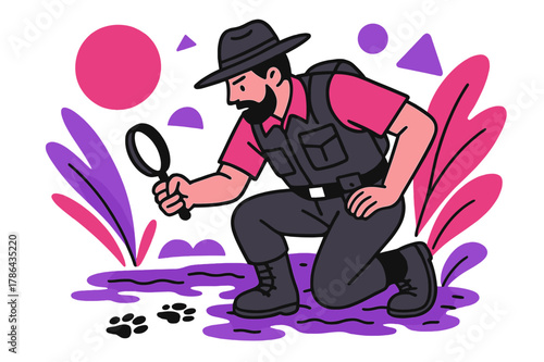 Geometric Wildlife Tracking. Wildlife Tracking. Ranger tracking footprints in muddy terrain with floating abstract geometric shapes, active and focused scene.