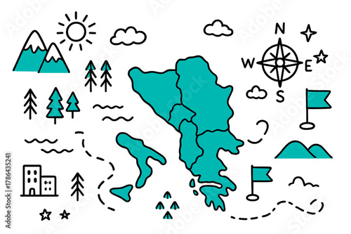 Balkans Geography Doodle. // Balkans geography. Hand-drawn doodle illustration Balkans geography [peninsula map (accented), mountains (accented), coastline