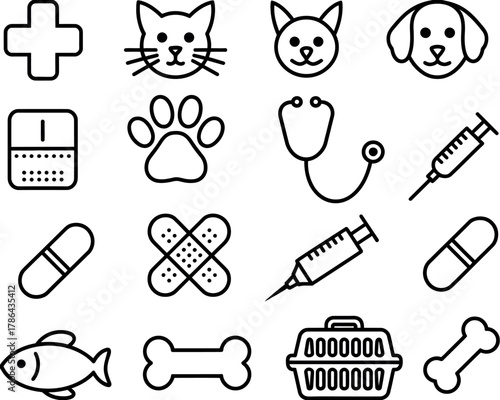 Veterinary icons represent pet care, including animals, medical supplies, and equipment.