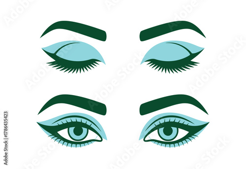 Open and closed eyelids with teal eyeshadow and dark green eyebrows shown from a direct angle.