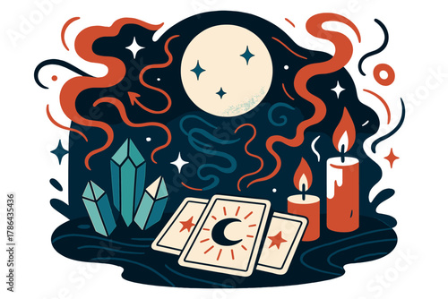 Celestial Altar Scene. Celestial altar. Crystals, candles, and tarot cards arranged under a glowing moon