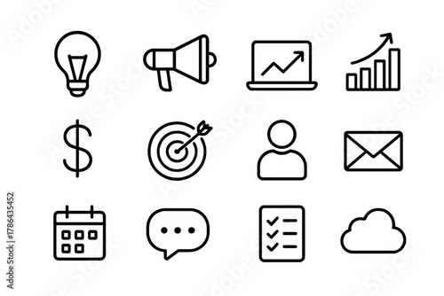 Brand Strategy Icons. Brand strategy. Line outline icon set of brand strategy: lightbulb, megaphone, laptop,
