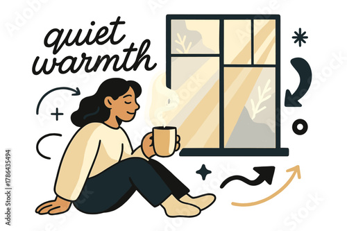 Winter Morning Warmth. Soft Light Rays ? Winter Morning. Pale sunlight spills through frosted glass; steam rises from a mug. Text ?quiet warmth? floats in soft