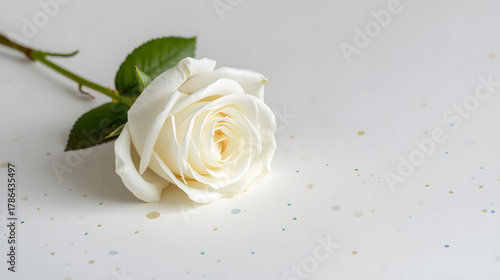A single white rose with stem and leaves on speckled surface