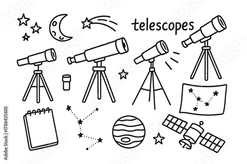 Astronomy Doodle Elements. Telescopes. Hand-drawn doodle illustration telescopes refractor, reflector, tripod, eyepiece, night sky, moon, star,