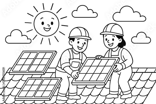 Solar Panel Coloring Fun. Solar panel installations children?s coloring book illustration, outlined drawing, smiling workers placing solar panels on a sunny