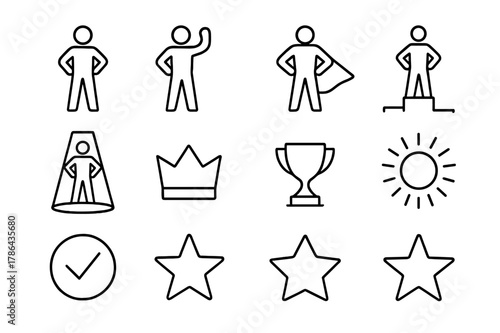Power Pose Icons. Power pose. Line icon set of power pose: person standing tall, arms on hips, raised fist, confident stance, superhero silhouette, podium,
