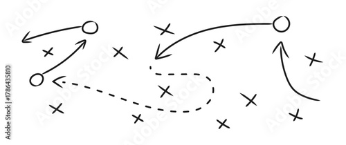 Arrows and dots display movement paths in a creative, abstract design.