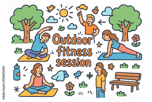 Outdoor Fitness Fun. Outdoor fitness session. Hand-drawn doodle illustration of outdoor fitness session.