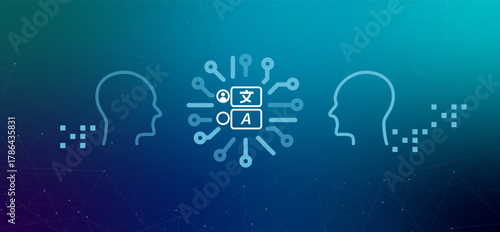 Speech to Speech translation illustration gradient background icons human connected with language real time audio translation and futuristic communication