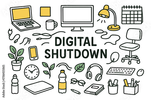 Digital Workspace Doodles. Digital shutdown. Hand-drawn doodle illustration laptop (colored), computer screen (colored), smartphone (colored), coffee cup
