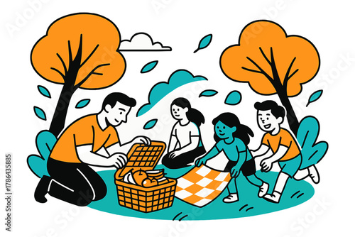 Family Picnic Scene. Family picnic under the trees. A dad opens a picnic basket filled with fruit and