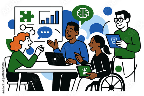 Diverse Teamwork Harmony. Inclusive collaboration. Diverse coworkers communicate around a shared desk, using