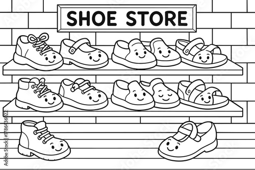 Smiling Shoes Coloring Page. Shoe store children?s coloring book illustration, outlined drawing, cartoon shop