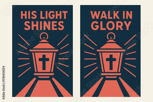 His Light Shines. Light of the World. Two vertical A6 banners with safe margins, centered composition, no elements touching edges, bold, navy and coral,