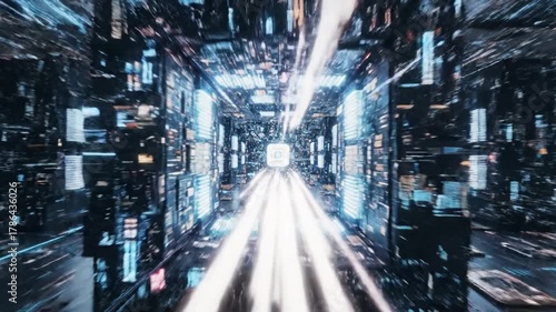 Abstract futuristic tunnel with digital lights and lines technology concept
