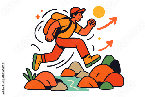 Dynamic Hiker Adventure. Overcoming obstacles. Hiker crossing rocky terrain or small stream; dynamic posture