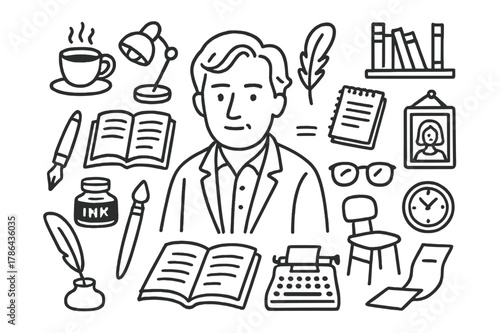Author's Creative Workspace. Author portrait. Hand-drawn doodle illustration author portrait open book, fountain pen, ink bottle, glasses, quill, coffee cup,