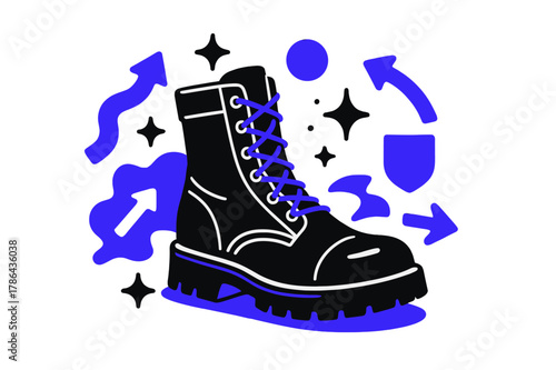 Vibrant Military Boots. Boot. Military boots with abstract floating icons, arrows, and sparkles; conveys toughness, durability, and readiness. Modern flat
