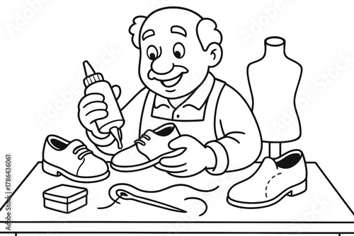 Cobbler Coloring Fun. Shoe maker children?s coloring book illustration, outlined drawing, friendly cobbler