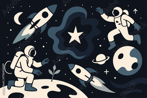Cosmic Exploration Scene. galaxy. Rocket ships soaring through the cosmos, nebulas bursting with color, astronauts exploring new worlds. Modern flat vector