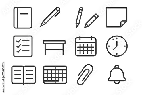 Daily Planner Icons. Daily planner setup. Line outline icon set of daily planner setup: planner notebook, pen,
