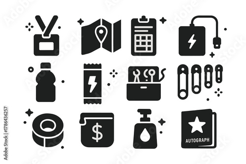 Cosplay Convention Essentials Icons. Convention day essentials for cosplayers. Solid icons set of Convention day essentials for cosplayers: badge lanyard,