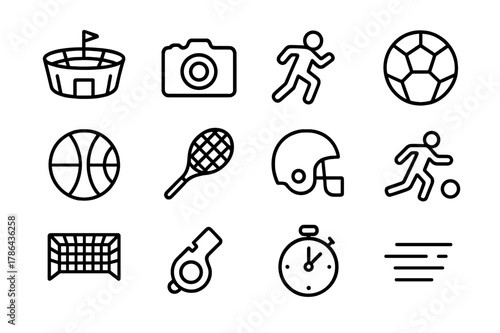 Game Day Icons. Game day photography. Line icon set of game day photography: stadium, camera, athlete running, soccer ball, basketball, tennis racket, football