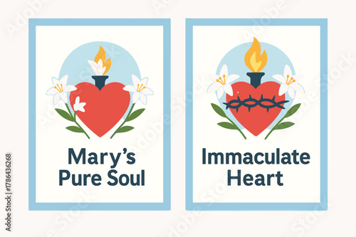 Mary's Immaculate Heart. Immaculate Heart. Two vertical A6 banners with safe margins, centered composition, no elements touching edges, flat vector design,