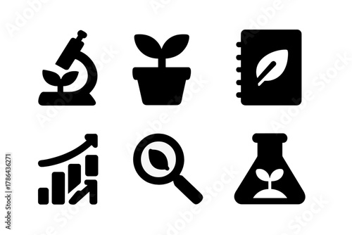 Plant Research Icons. Plant research. Filled icon set of plant research: microscope, plant pot, leaf, notebook