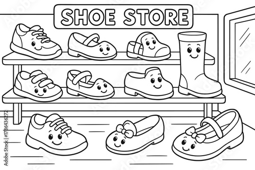 Smiling Shoe Shop. Shoe store children?s coloring book illustration, outlined drawing, cartoon shop with