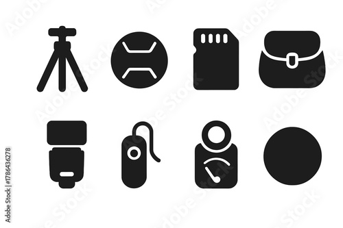 Photography Icon Set. Photography gear. Filled icon set of photography gear: camera tripod, lens cap, memory