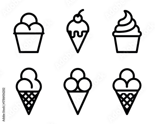 A collection of six different line art ice cream cone icons on a white background.