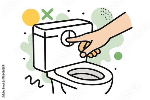 Modern Flush Aesthetic. Toilet Flush Button. Hand pressing a sleek toilet flush button with floating abstract geometric shapes, modern and hygienic bathroom