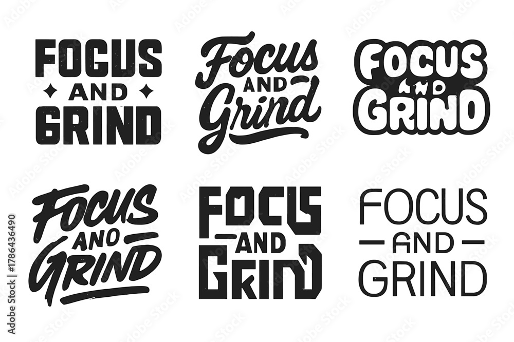 Obraz premium Bold Lettering Grid. Focus and Grind. Set lettering. harmonious lettering variations of the same emblematic concept, each with different artistic
