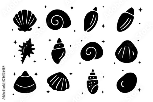 Seashell Icon Collection. Beachcombing Seashells. Solid icons set of Beachcombing Seashells: cockle shell, moon snail shell, tulip shell, olive shell, murex