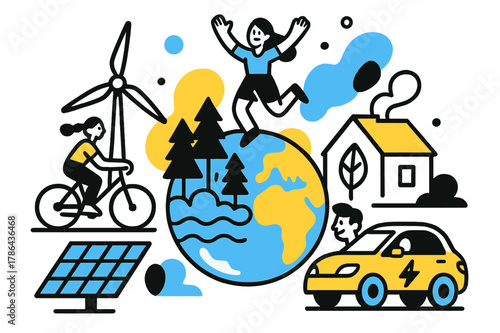 Sustainable Energy Future. sustainable energy. Solar panels and wind turbines generating clean power, a green earth thriving with lush forests and pristine