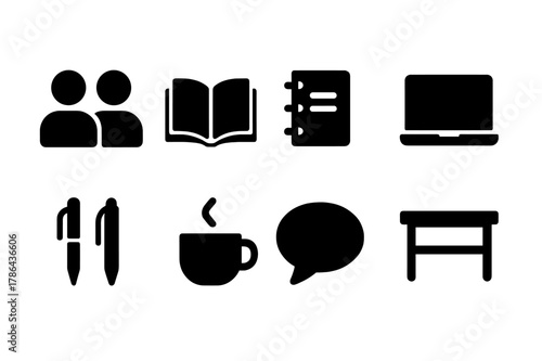 Study Group Icons. Study group. Filled icon set of study group: two students, open book, shared notebook,