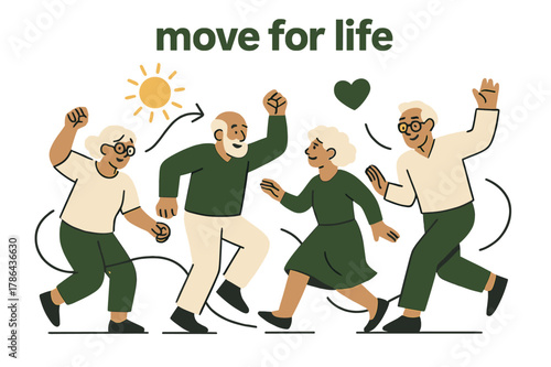 Elderly Dance Celebration. Exercise ? Longevity & Joy. Elderly figures dancing with floating heart and sun icons; tagline ?move for life?. Curved rhythm lines