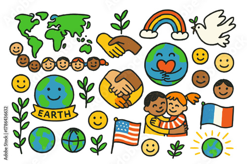 Global Unity Doodle. Global unity. Colorful Hand-drawn doodle Children illustration Global unity world map, hands circle, heart globe, peace dove, rainbow,