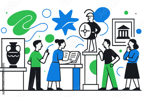 Interactive Museum Experience. Historical exhibits. A wide museum hall with display cases, artifacts, and