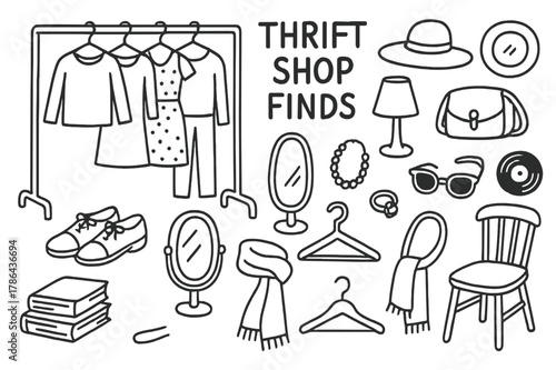 Thrift Shop Treasures. Thrift shop finds. Hand-drawn doodle illustration thrift shop finds clothes rack, shoes, hat, lamp, plate, bag, sunglasses, vinyl,