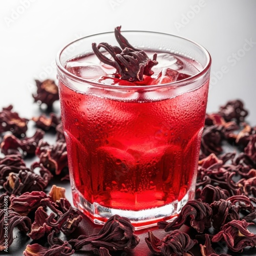 Refreshing Red Hibiscus Iced Tea with Dried Flowers and Ice Cubes.