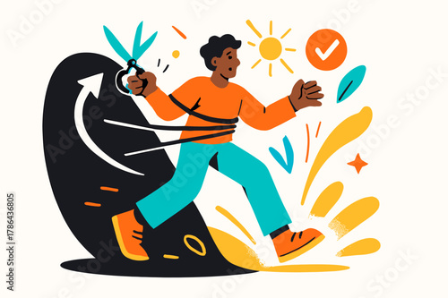 Breaking Free. Breaking bad habits. Character cutting symbolic ropes or stepping out of a dark circle into